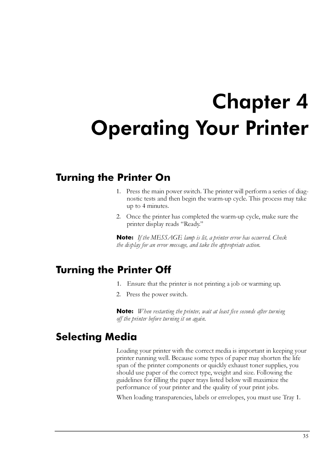 Tally Genicom T8006e manual Operating Your Printer, Turning the Printer On, Turning the Printer Off, Selecting Media 