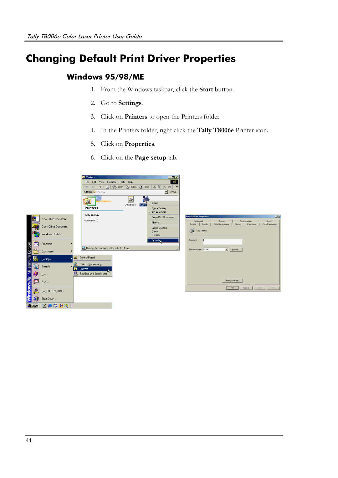 Tally Genicom T8006e manual Changing Default Print Driver Properties, Windows 95/98/ME 