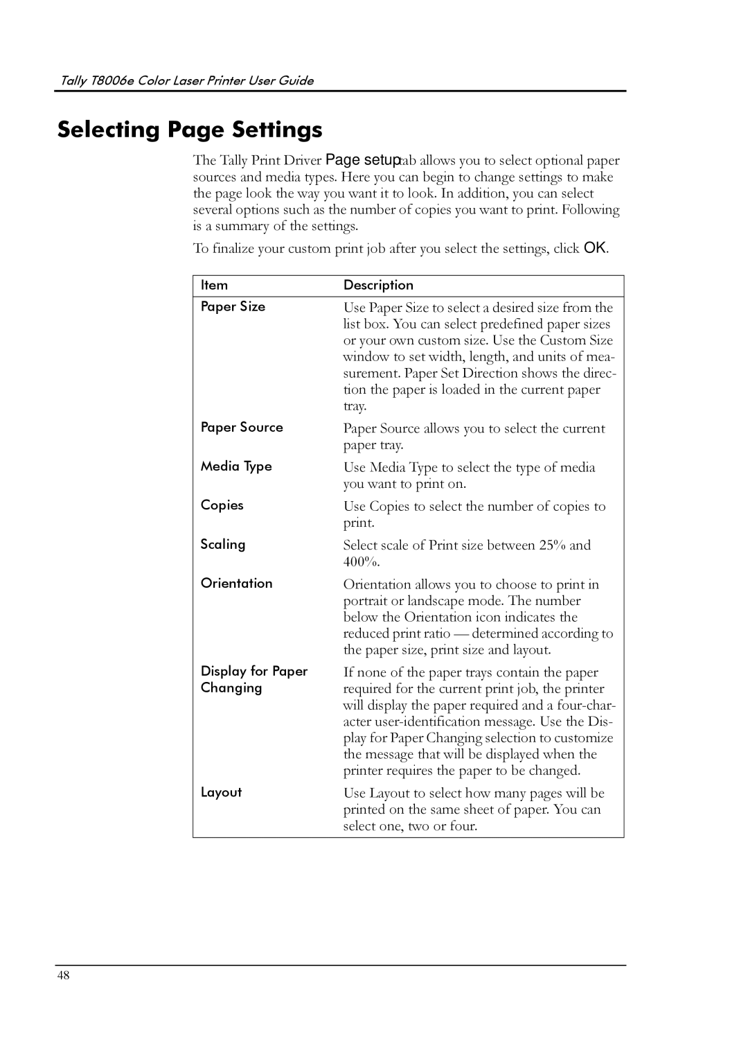 Tally Genicom T8006e manual Selecting Page Settings 