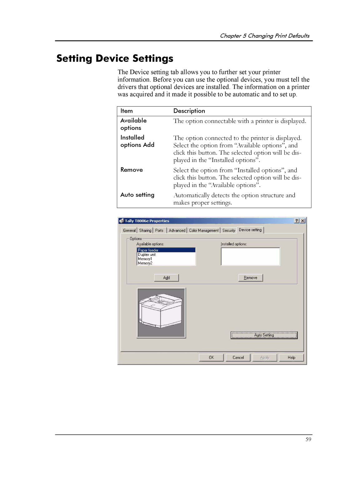 Tally Genicom T8006e manual Setting Device Settings 