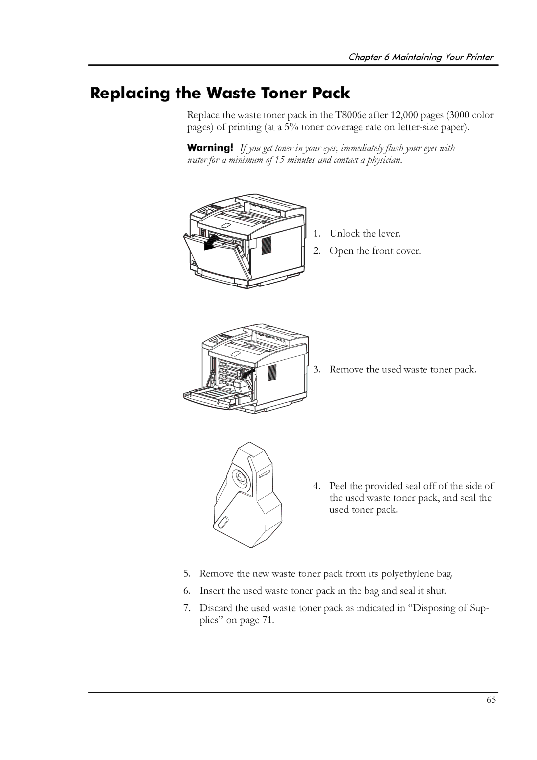 Tally Genicom T8006e manual Replacing the Waste Toner Pack 