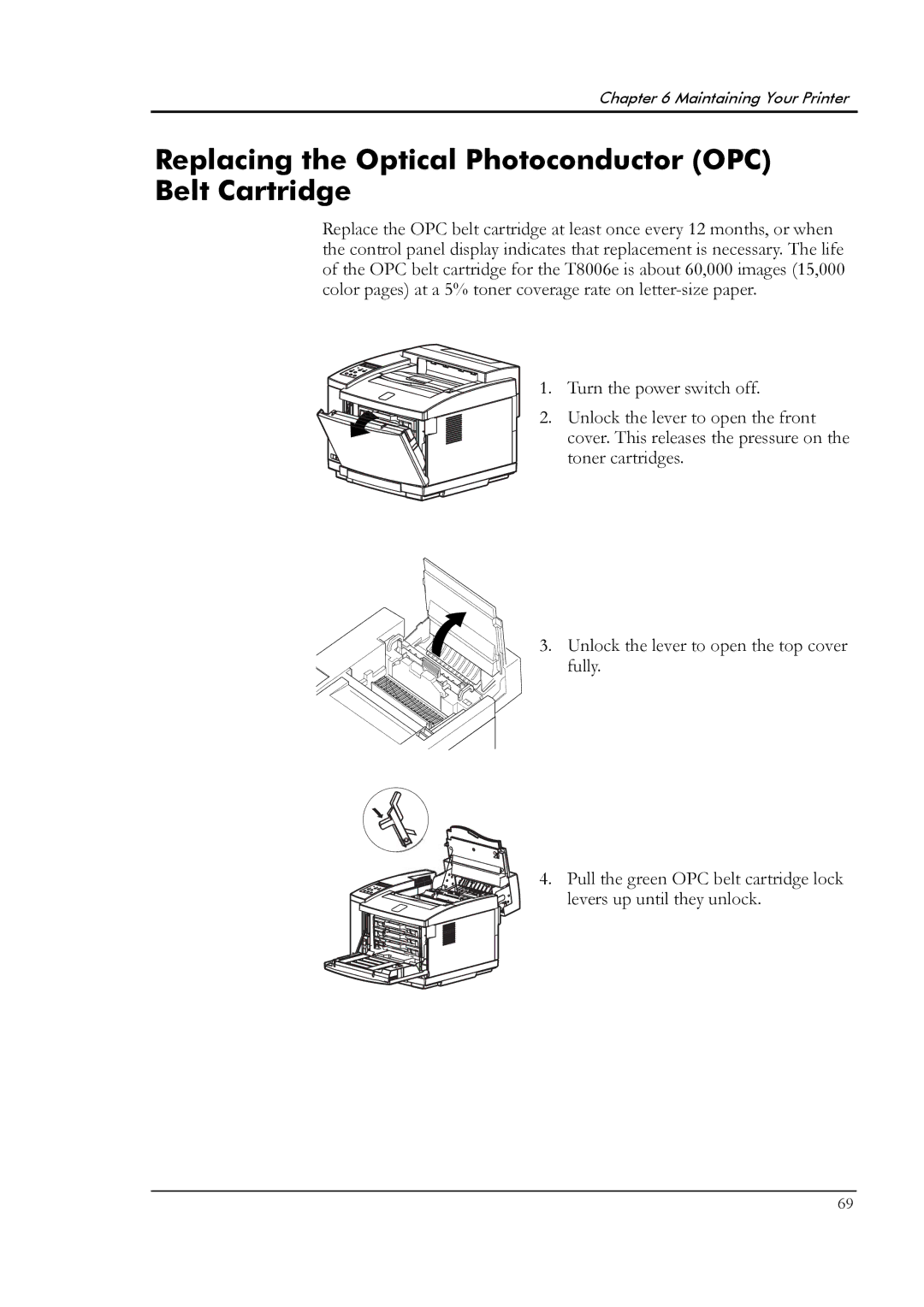 Tally Genicom T8006e manual Replacing the Optical Photoconductor OPC Belt Cartridge 