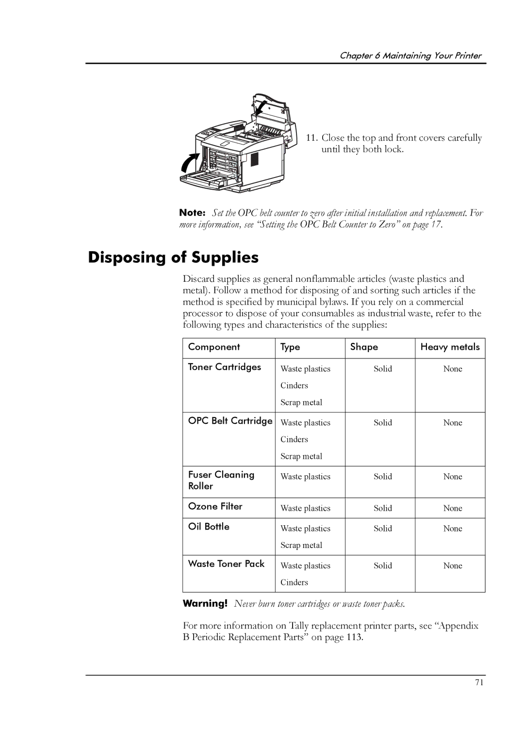 Tally Genicom T8006e manual Disposing of Supplies 