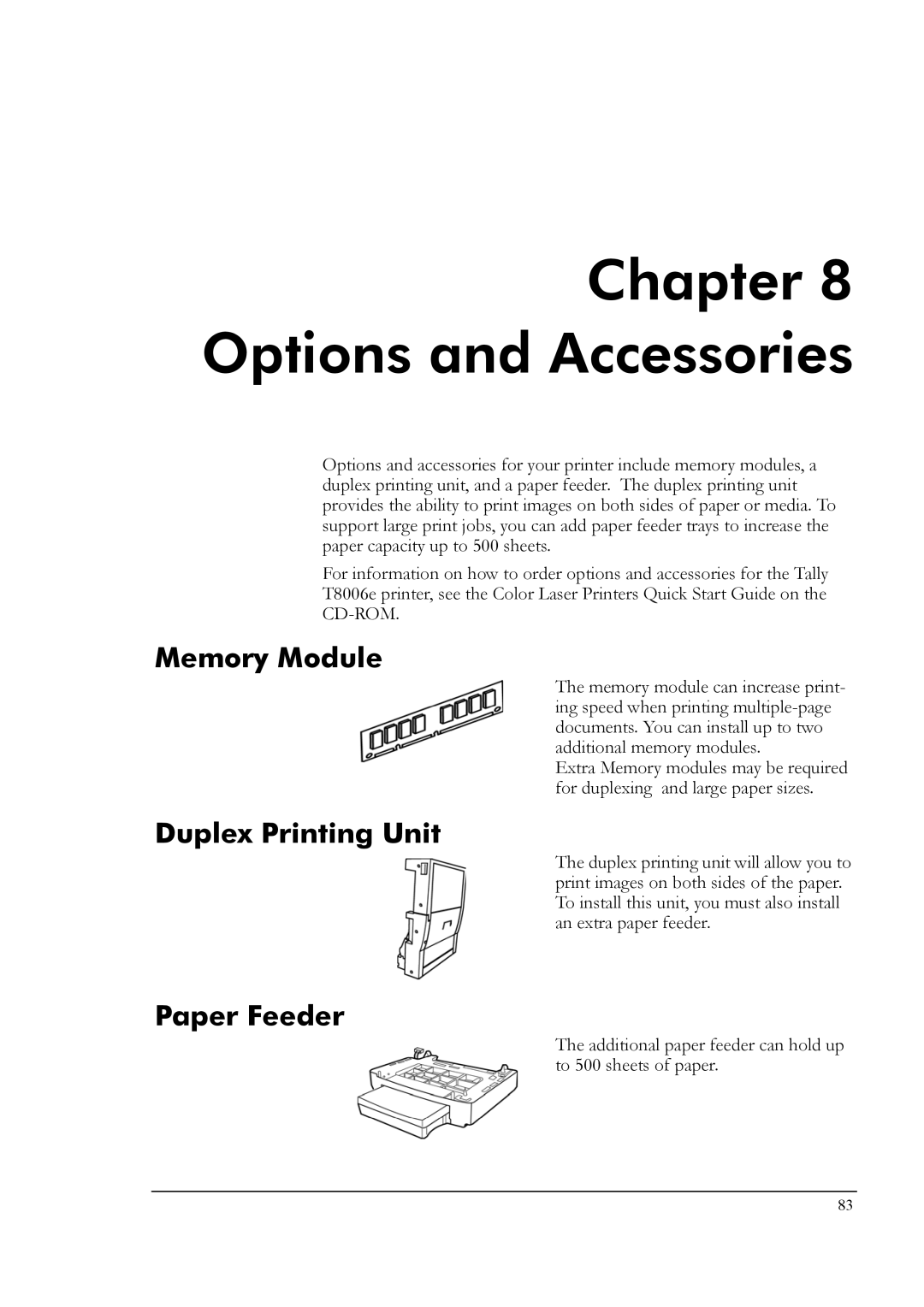 Tally Genicom T8006e manual Options and Accessories, Memory Module, Duplex Printing Unit, Paper Feeder 