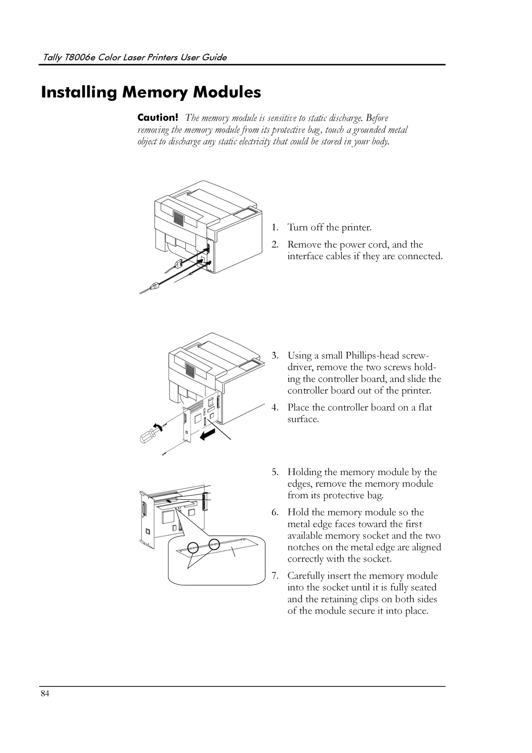 Tally Genicom T8006e manual Installing Memory Modules, Turn off the printer 