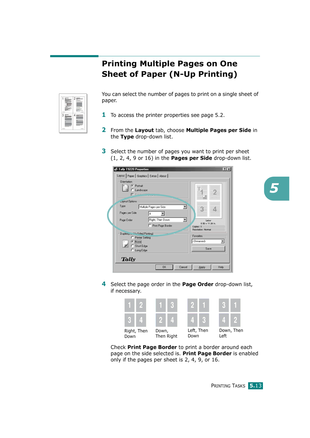 Tally Genicom T9220 manual Printing Multiple Pages on One Sheet of Paper N-Up Printing 