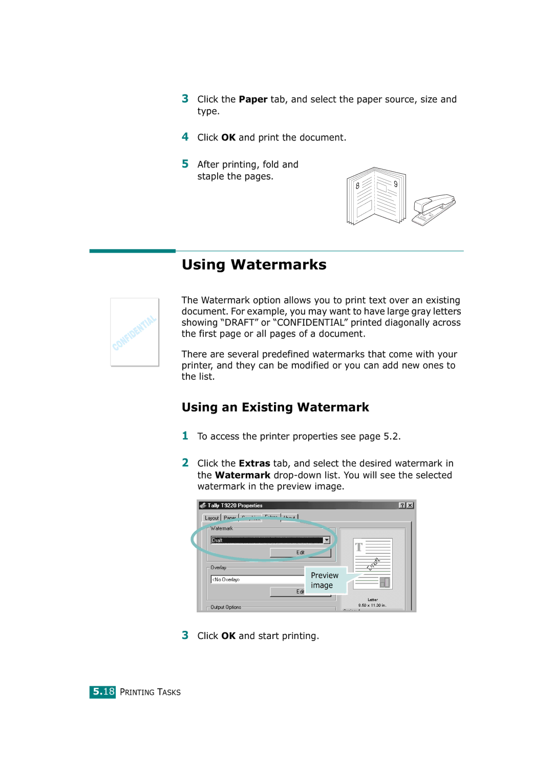 Tally Genicom T9220 manual Using Watermarks, Using an Existing Watermark 