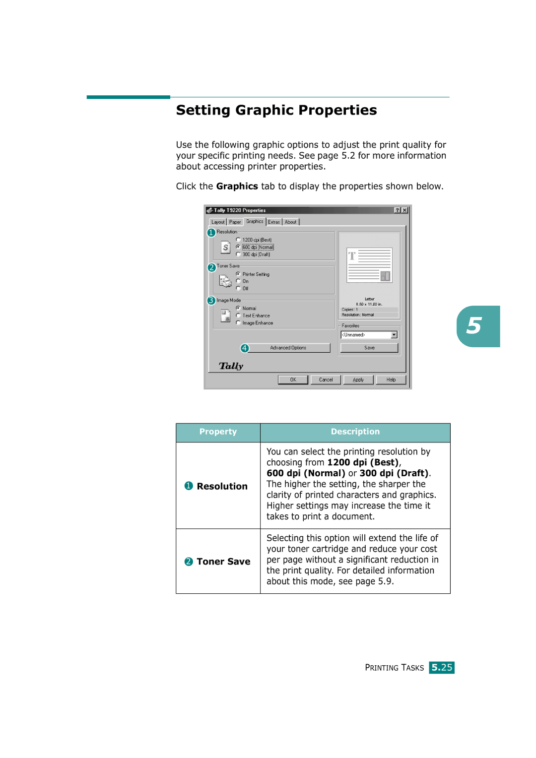 Tally Genicom T9220 manual Setting Graphic Properties 