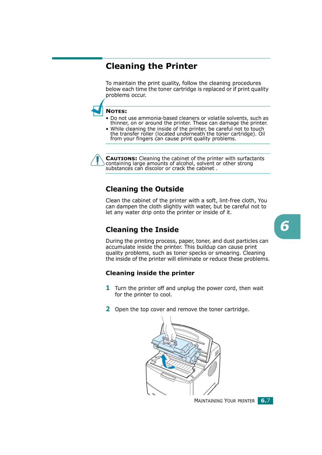 Tally Genicom T9220 manual Cleaning the Printer, Cleaning the Outside, Cleaning the Inside, Cleaning inside the printer 