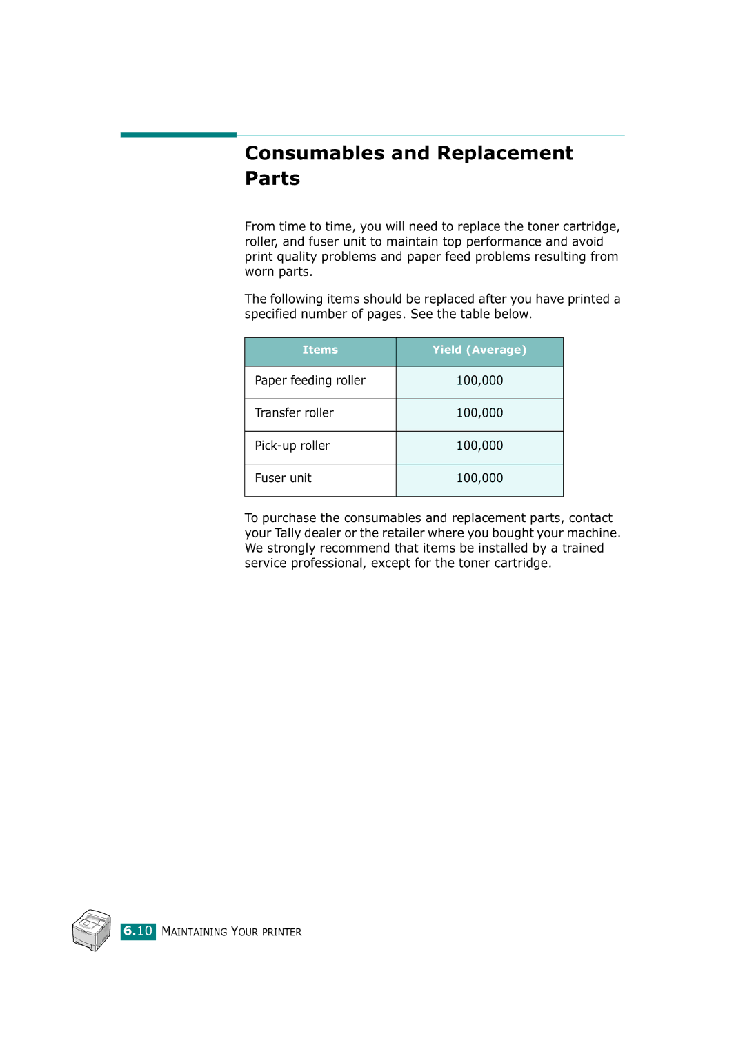 Tally Genicom T9220 manual Consumables and Replacement Parts 