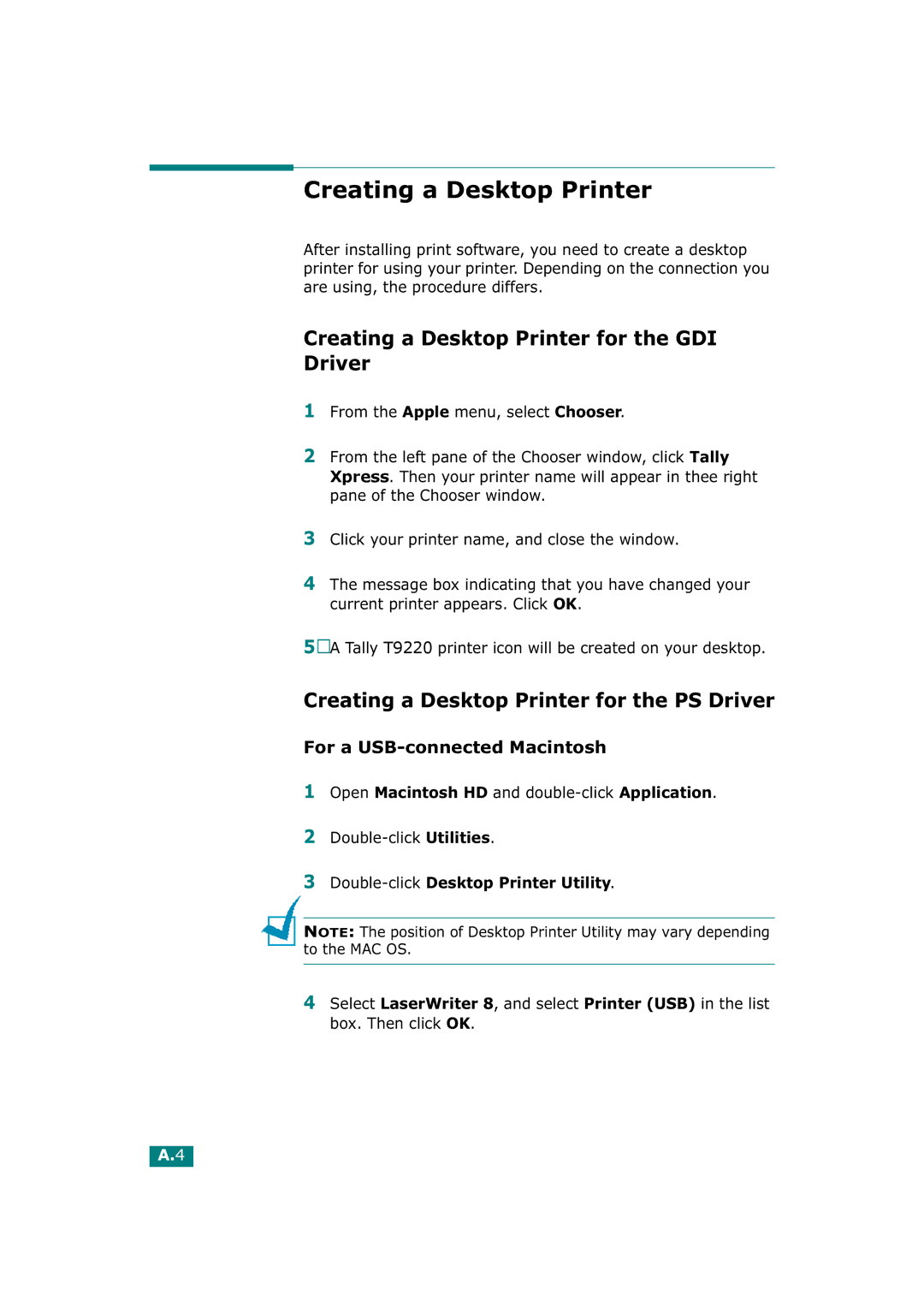 Tally Genicom T9220 manual Creating a Desktop Printer for the GDI Driver, Creating a Desktop Printer for the PS Driver 