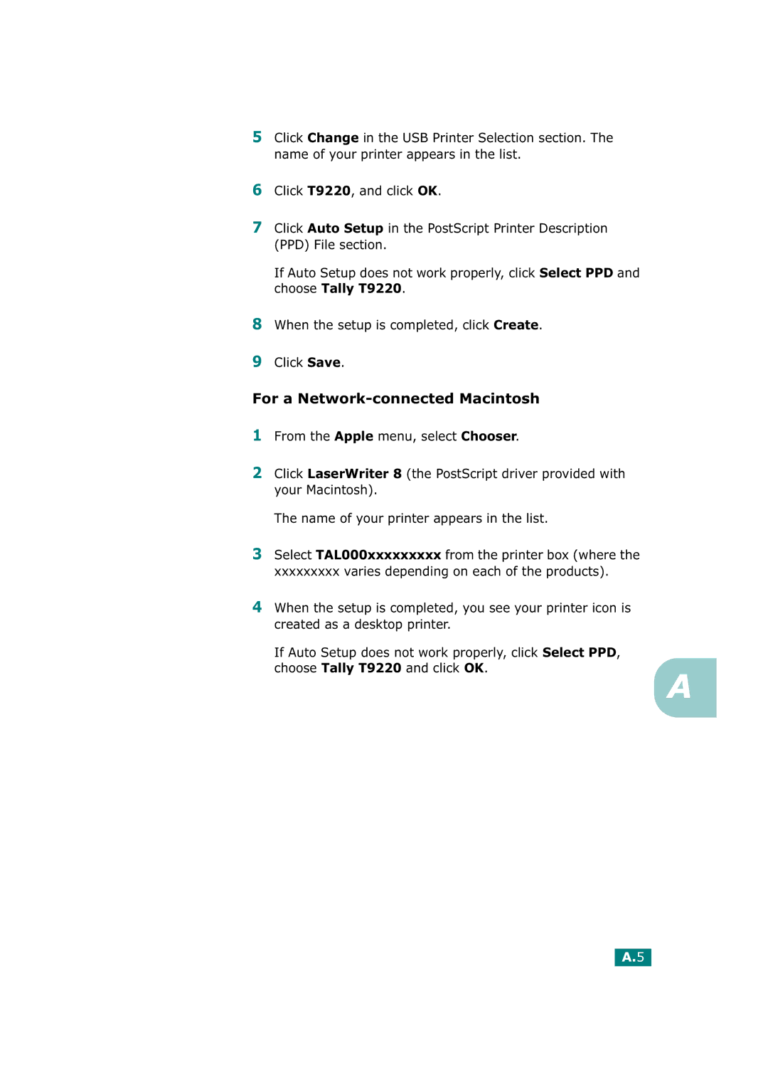 Tally Genicom T9220 manual For a Network-connected Macintosh 