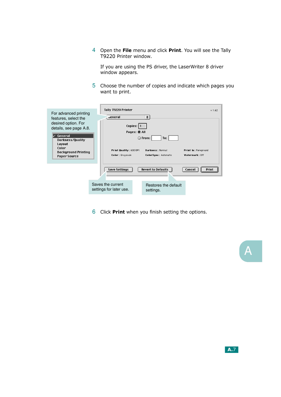 Tally Genicom T9220 manual Click Print when you finish setting the options 