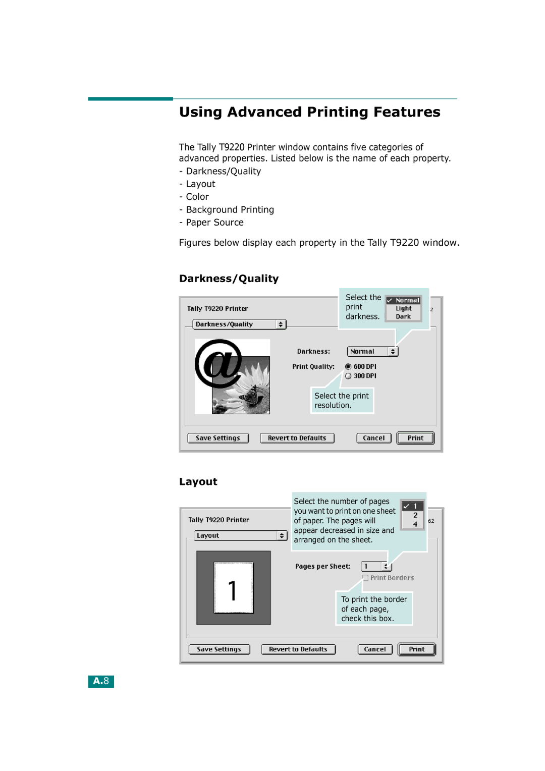 Tally Genicom T9220 manual Using Advanced Printing Features, Darkness/Quality, Layout 