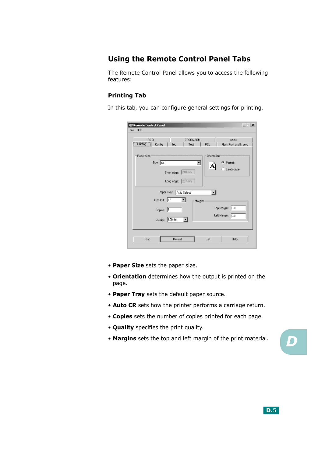 Tally Genicom T9220 manual Using the Remote Control Panel Tabs 