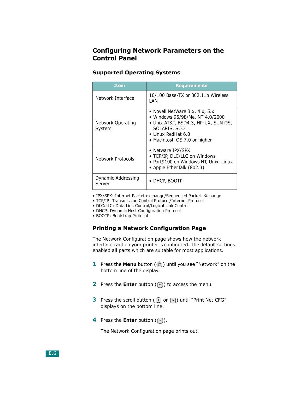 Tally Genicom T9220 manual Configuring Network Parameters on the Control Panel, Supported Operating Systems 