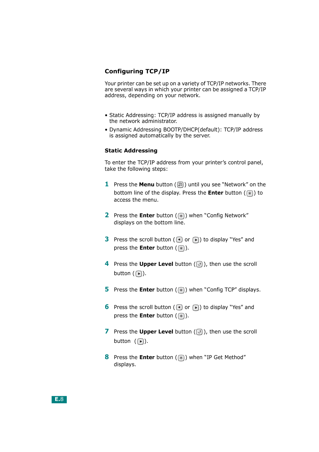 Tally Genicom T9220 manual Configuring TCP/IP 