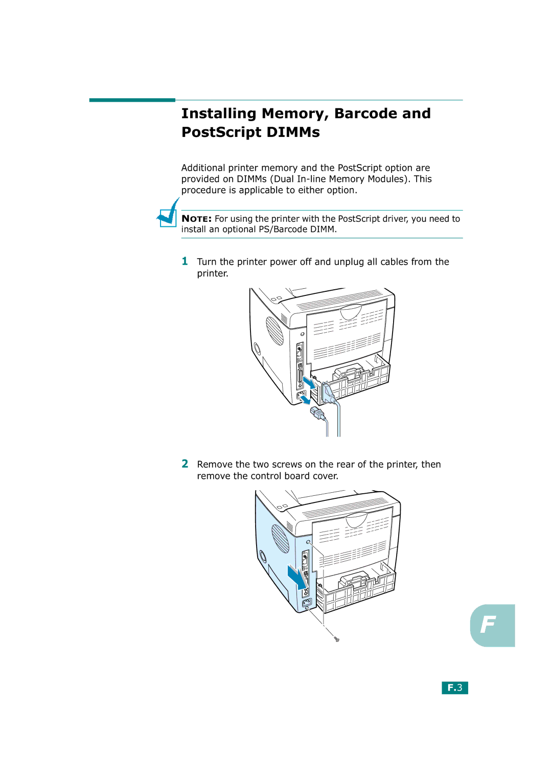 Tally Genicom T9220 manual Installing Memory, Barcode and PostScript DIMMs 