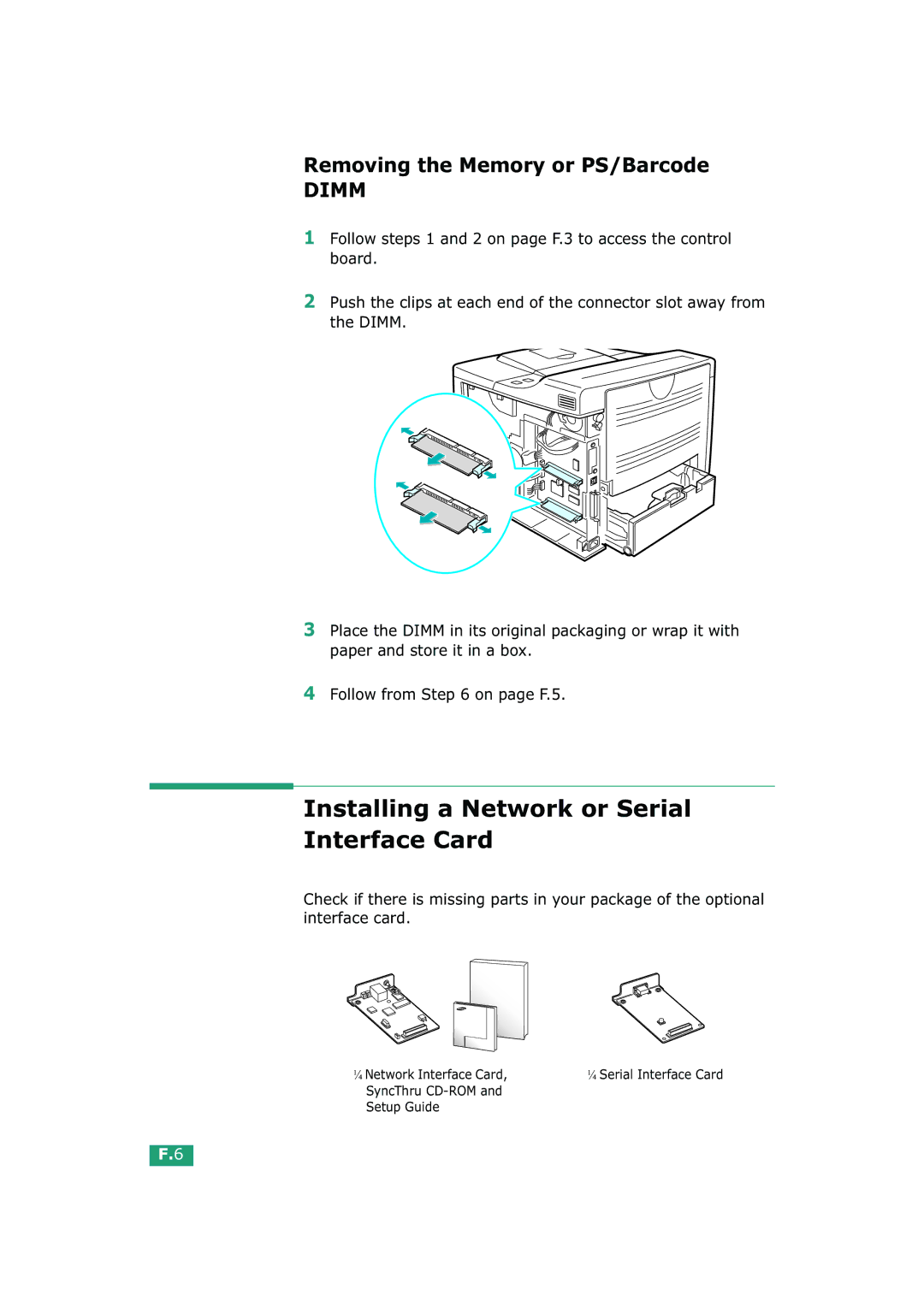 Tally Genicom T9220 manual Installing a Network or Serial Interface Card, Removing the Memory or PS/Barcode 