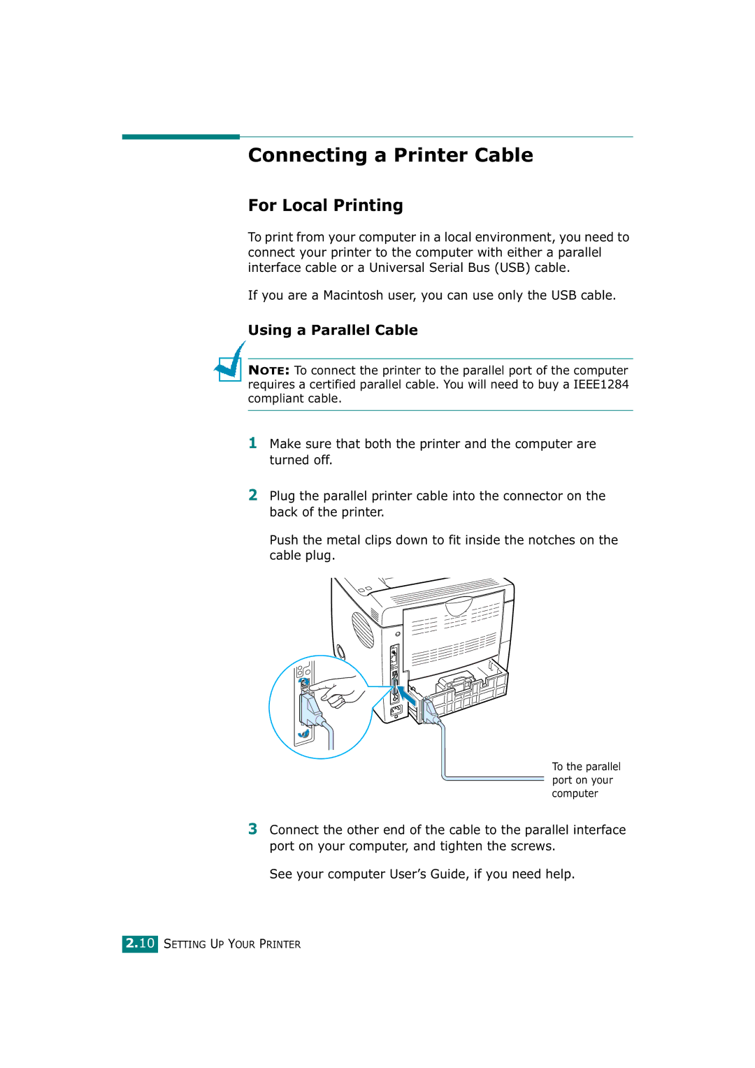 Tally Genicom T9220 manual Connecting a Printer Cable, For Local Printing, Using a Parallel Cable 