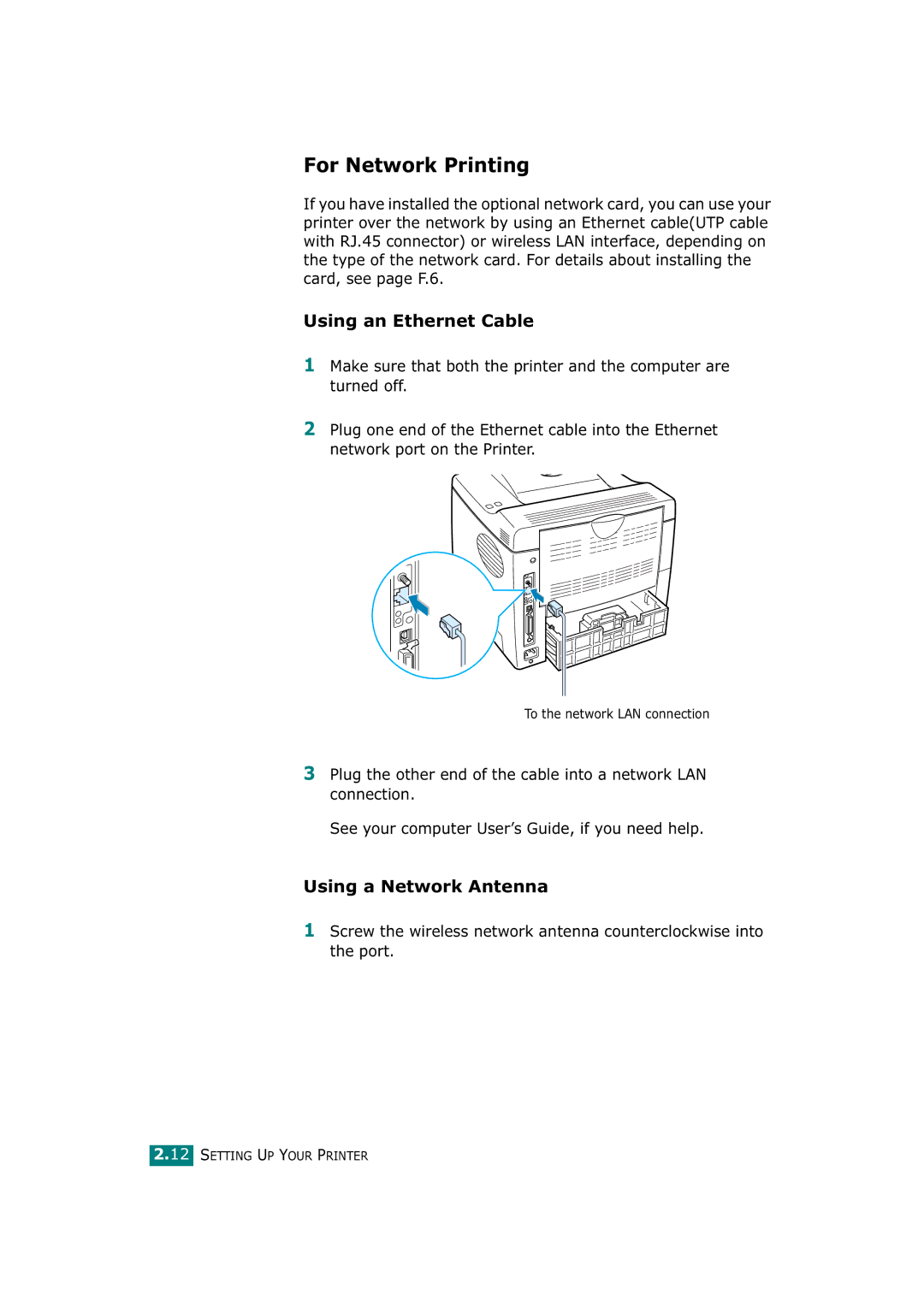 Tally Genicom T9220 manual For Network Printing, Using an Ethernet Cable, Using a Network Antenna 