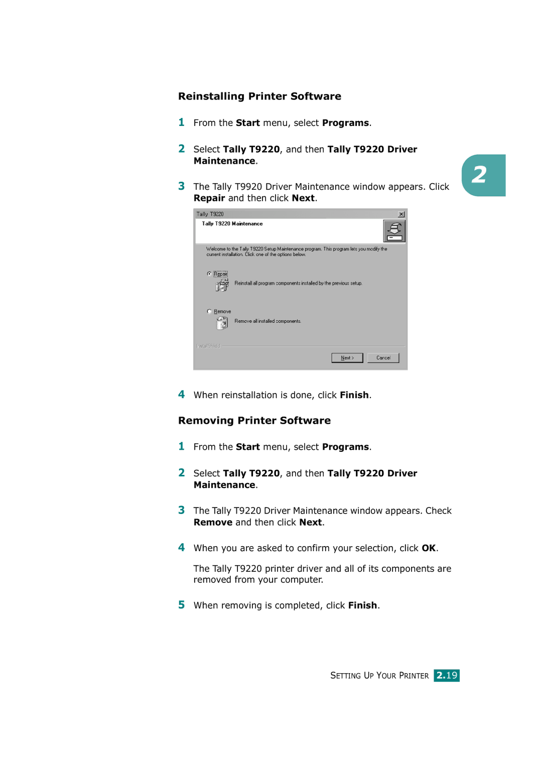 Tally Genicom T9220 manual Reinstalling Printer Software, Removing Printer Software 