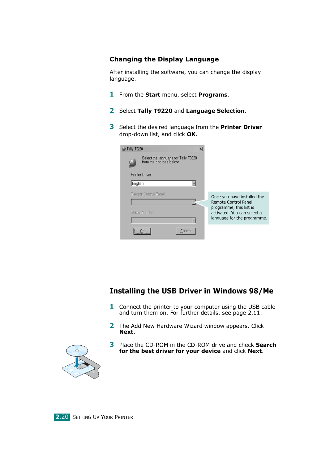 Tally Genicom T9220 manual Installing the USB Driver in Windows 98/Me, Changing the Display Language 