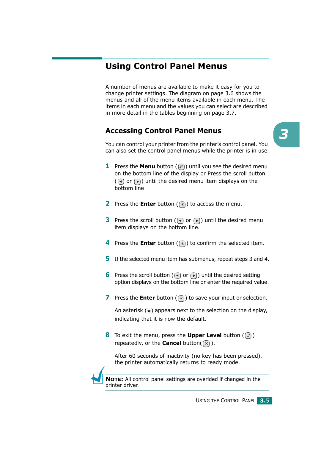 Tally Genicom T9220 manual Using Control Panel Menus, Accessing Control Panel Menus 