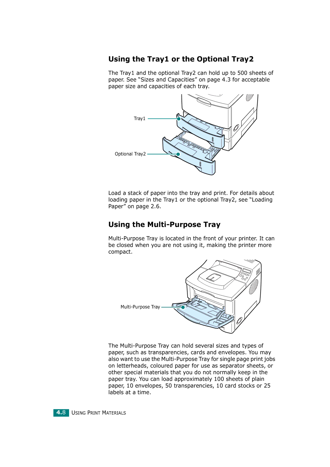 Tally Genicom T9220 manual Using the Tray1 or the Optional Tray2, Using the Multi-Purpose Tray 