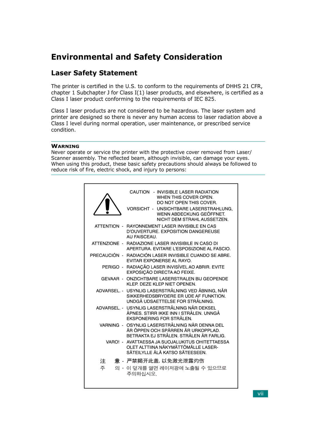 Tally Genicom T9220 manual Environmental and Safety Consideration, Laser Safety Statement 