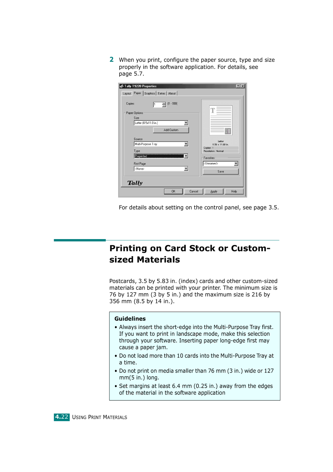 Tally Genicom T9220 manual Printing on Card Stock or Custom- sized Materials 