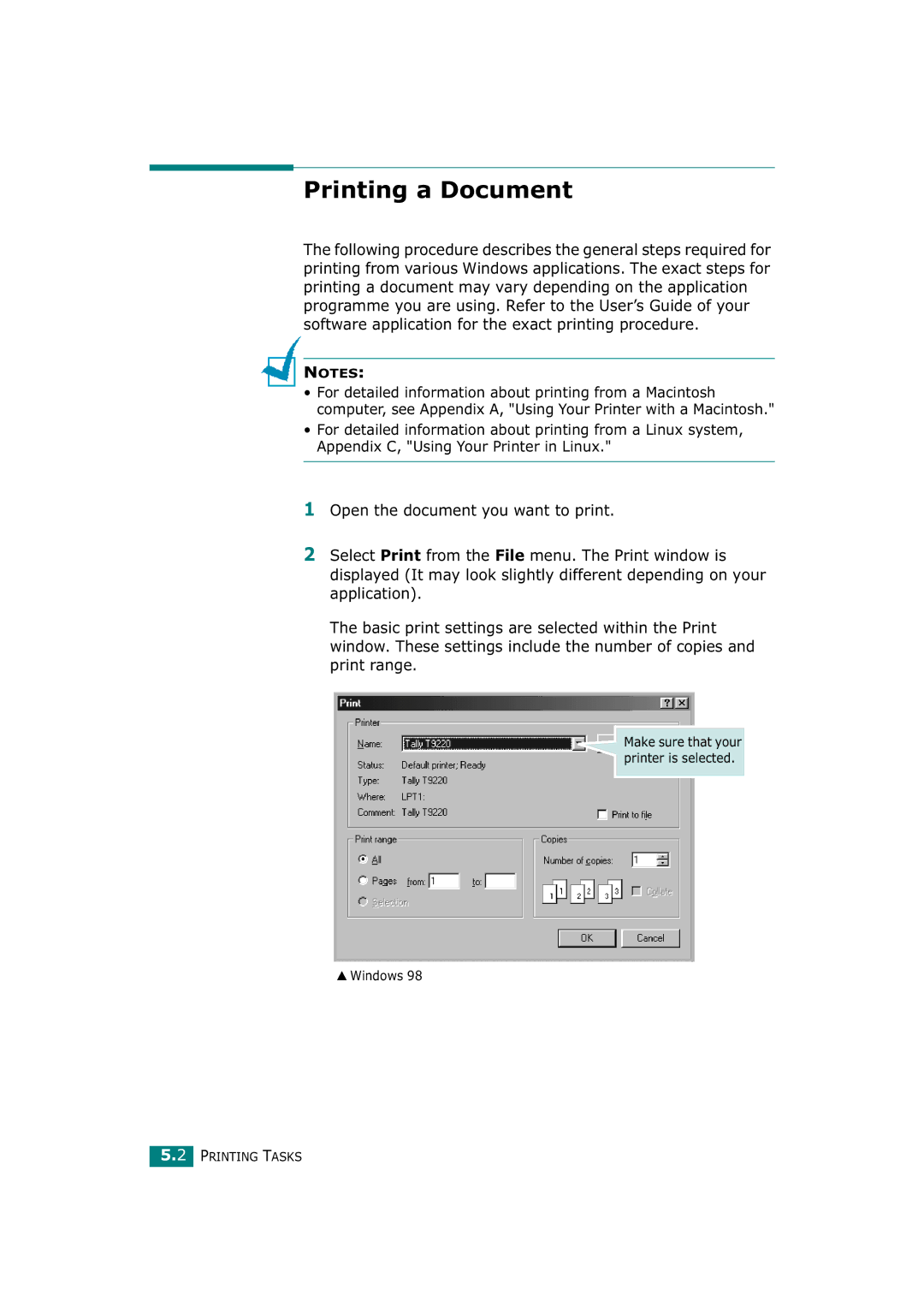 Tally Genicom T9220 manual Printing a Document 