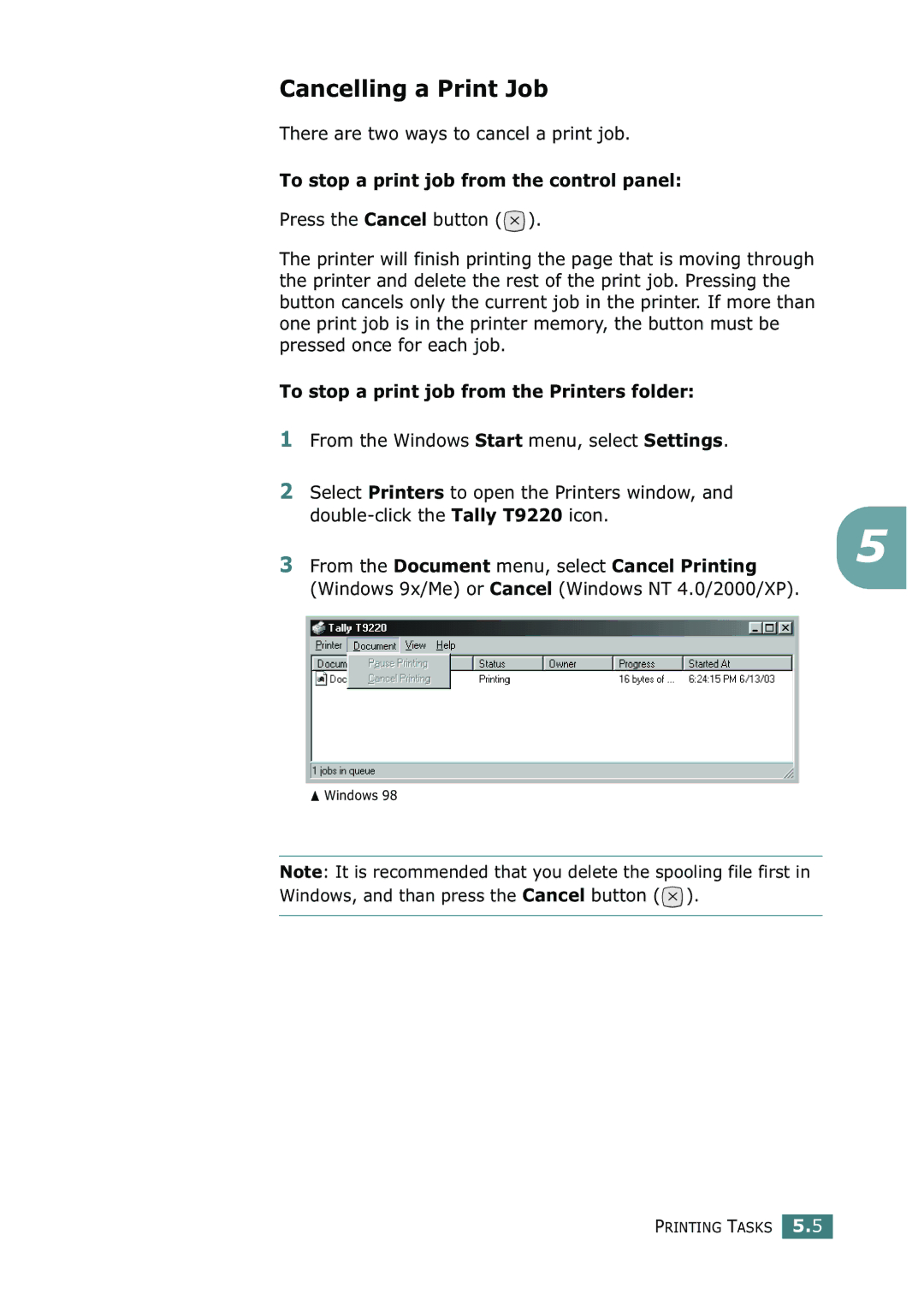 Tally Genicom T9220 manual Cancelling a Print Job 