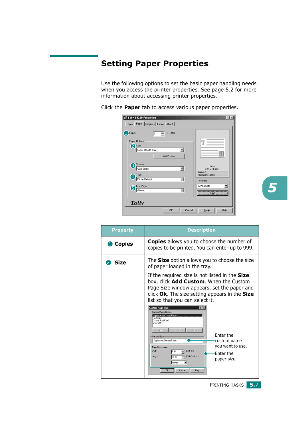 Tally Genicom T9220 manual Setting Paper Properties 