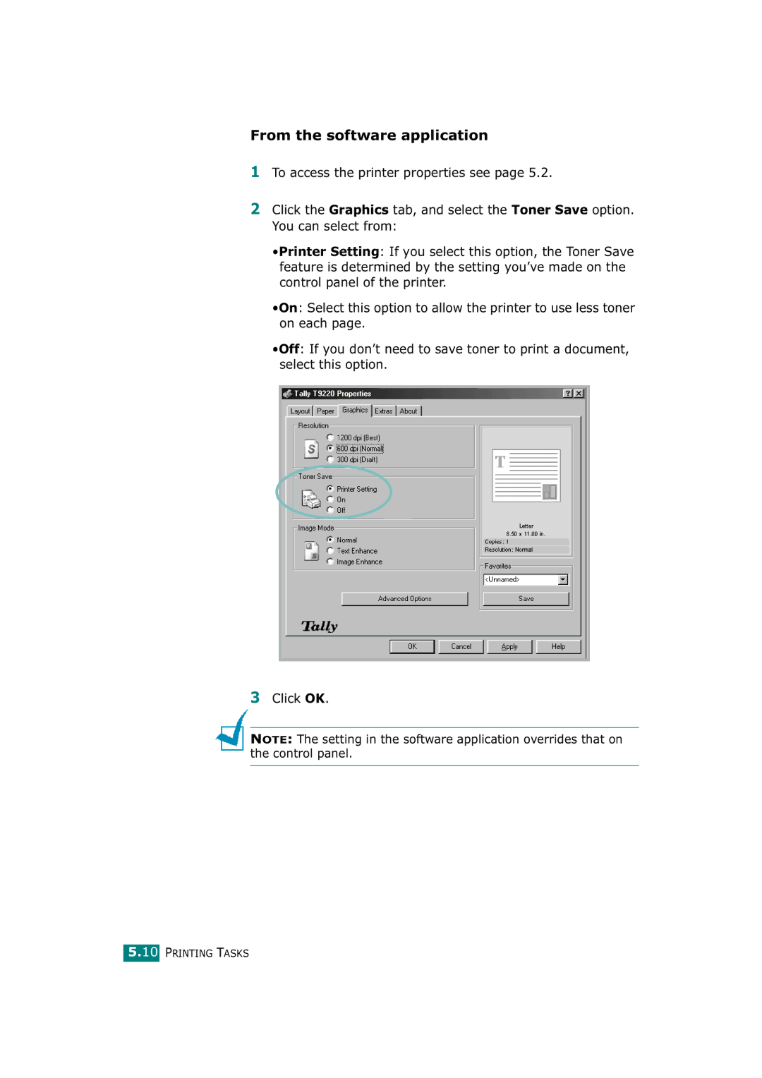 Tally Genicom T9220 manual From the software application 