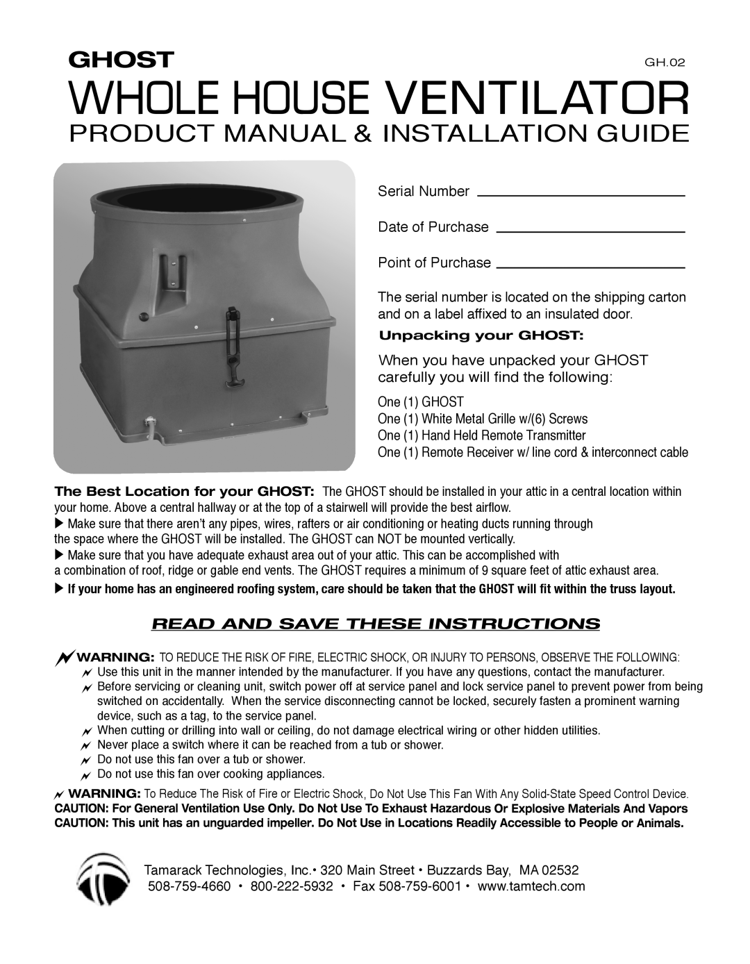Tamarack Technologies GH.02 manual WHOLE hoUSE VENTILATOR, Product Manual & Installation Guide, Ghost 