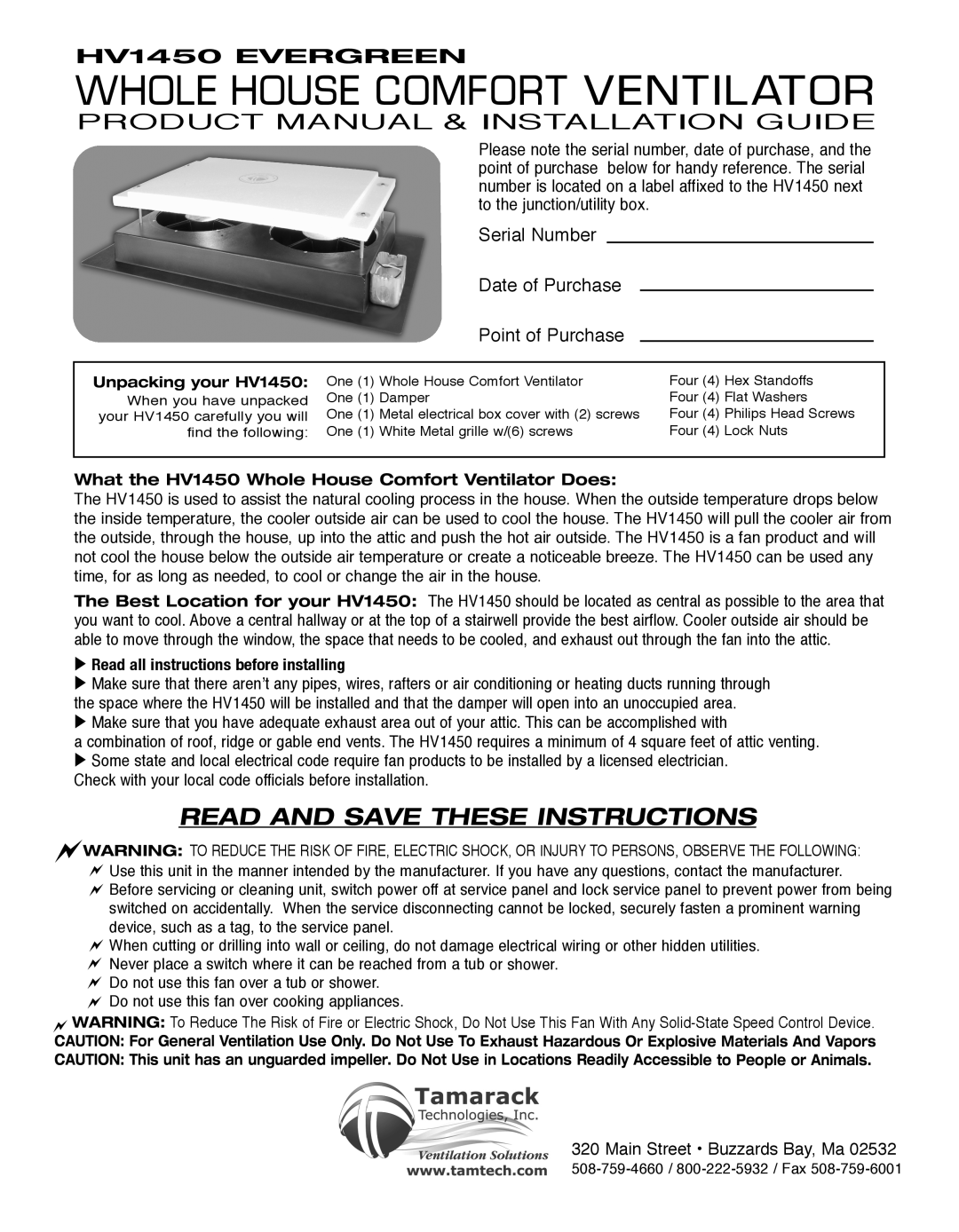 Tamarack Technologies HV1450 manual SerialNumber DateofPurchase PointofPurchase 