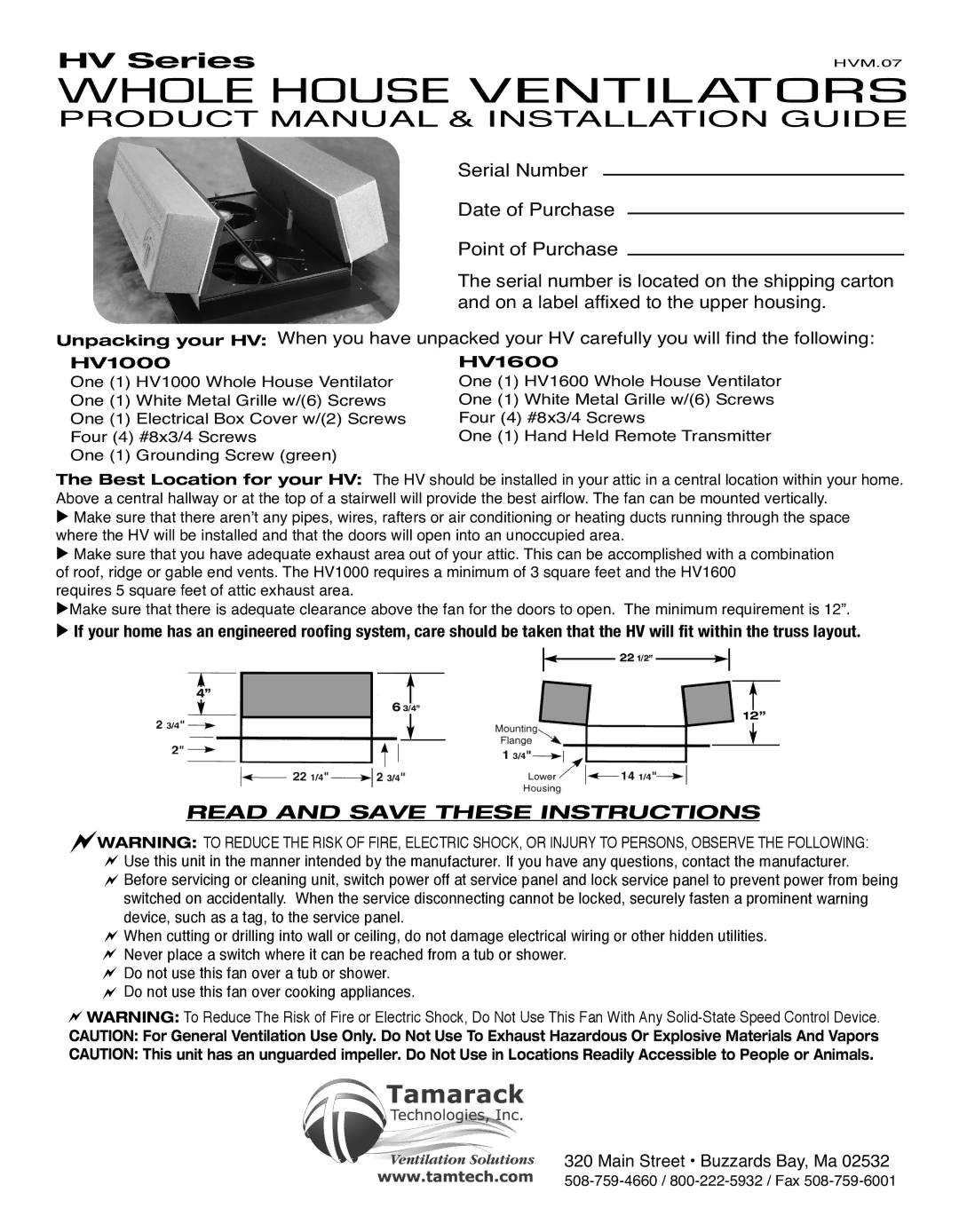 Tamarack Technologies HV1000, HV1600 manual Whole hoUSE Ventilators 