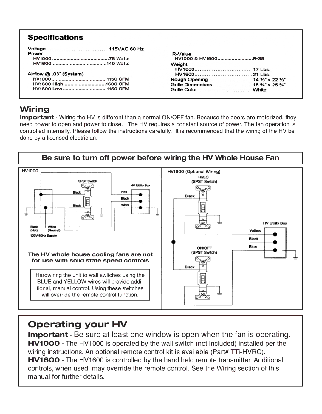 Tamarack Technologies HV1000, HV1600 manual Operating your HV, Wiring 