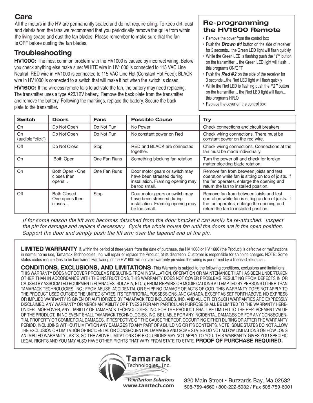 Tamarack Technologies HV1600, HV1000 manual Care, Troubleshooting 