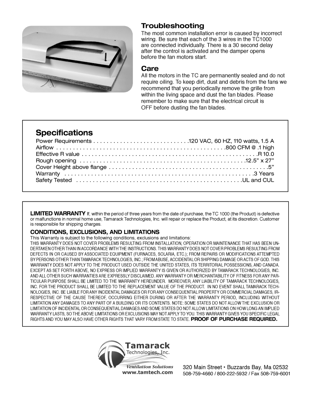 Tamarack Technologies TC1000 manual Troubleshooting, Care 