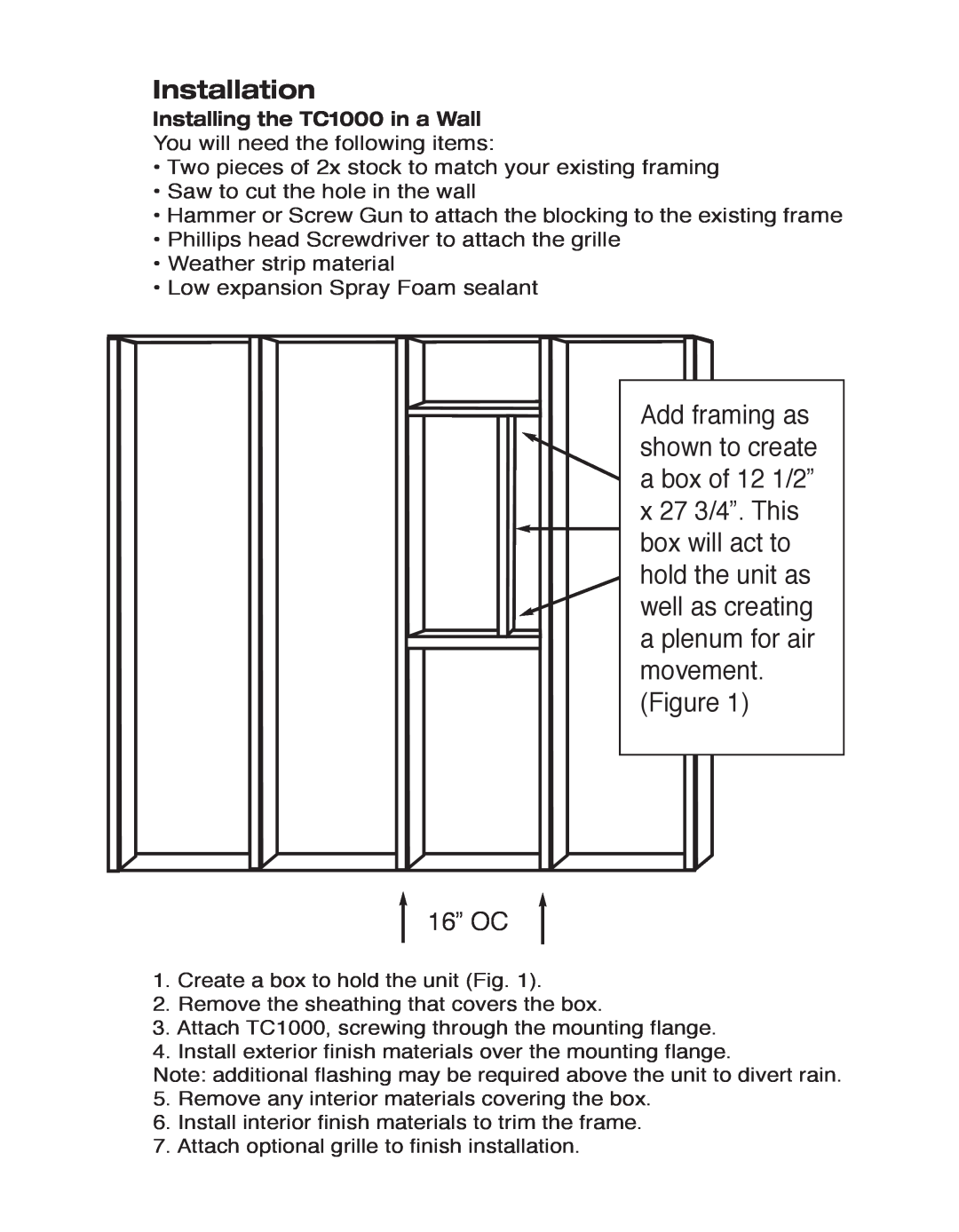 Tamarack Technologies manual Installing the TC1000 in a Wall, Installation, 16” OC 