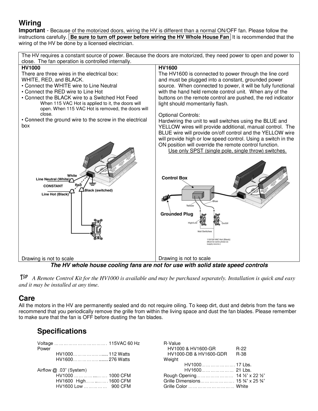 Tamarack Technologies Whole House Cooling Fans manual Wiring, Care, Specifications, HV1000 