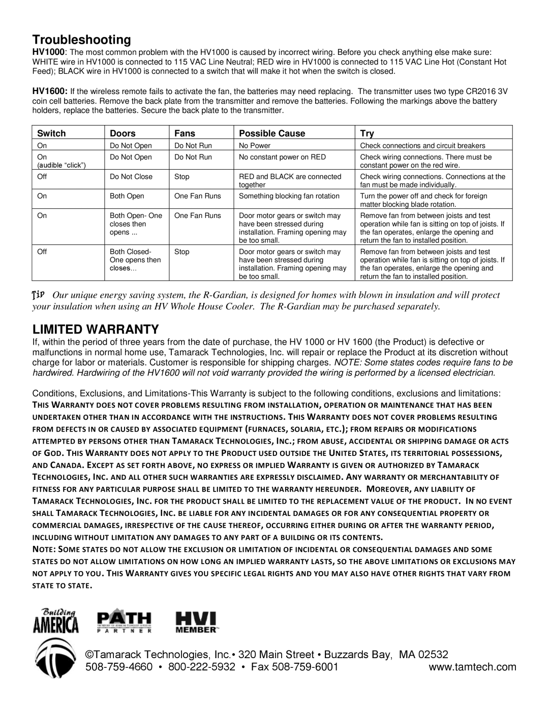 Tamarack Technologies Whole House Cooling Fans, HV manual Troubleshooting, Switch Doors Fans Possible Cause Try 