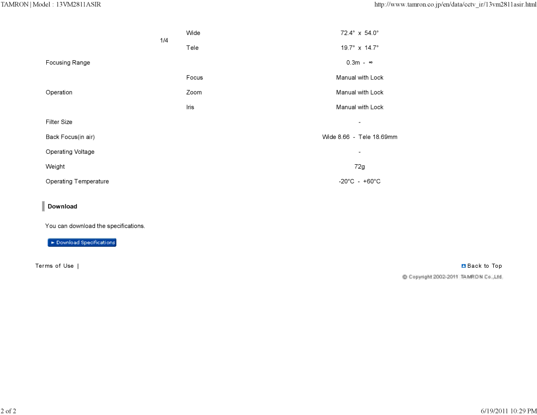 Tamron 13VM2811ASIR specifications Operating Voltage Weight 72g Operating Temperature 20C +60C 