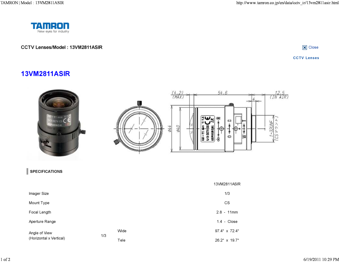 Tamron specifications TAMRON Model 13VM2811ASIR, 1 of, 6/19/2011 1029 PM, CCTV LENSES/MODEL 13VM2811ASIR, Close 