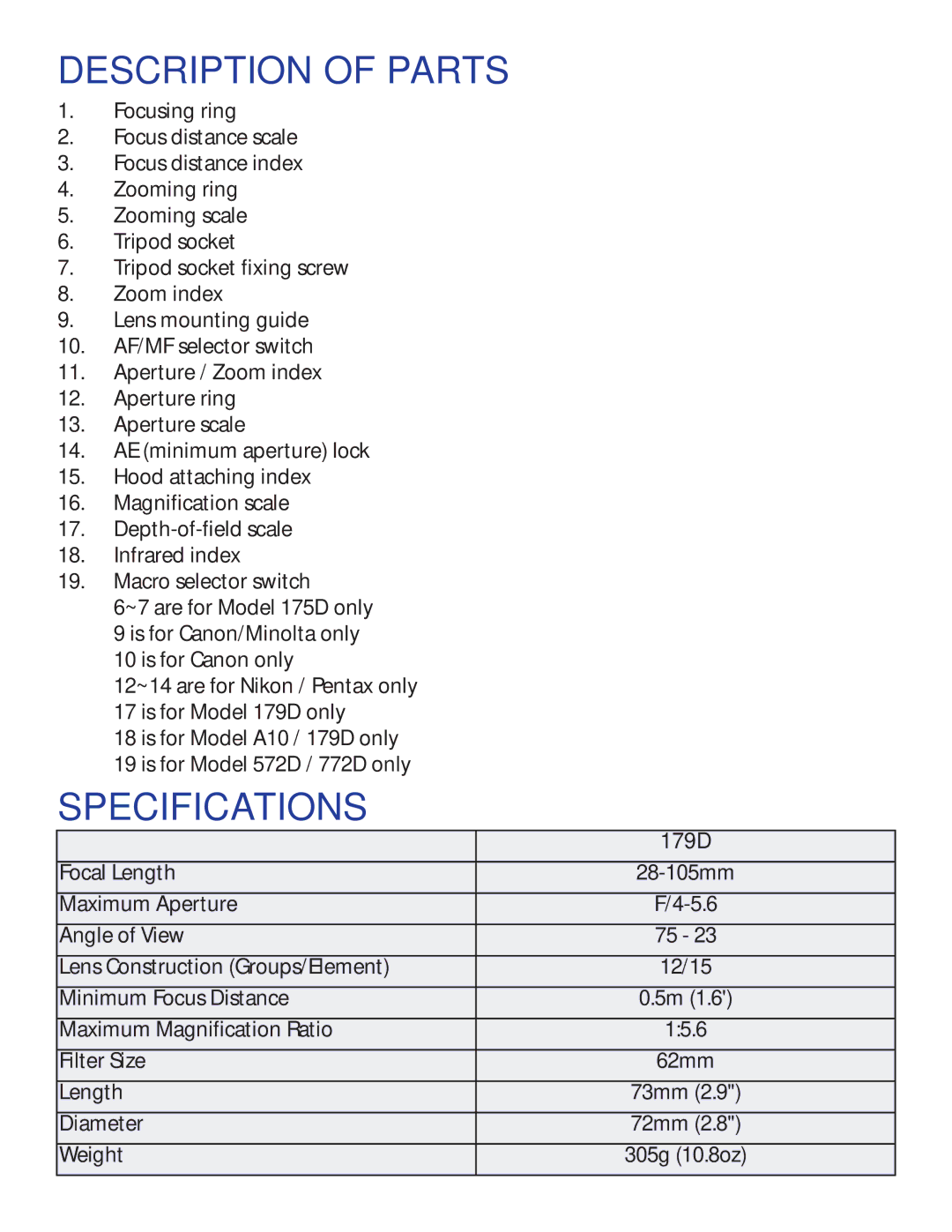 Tamron 179D owner manual Description of Parts, Specifications 