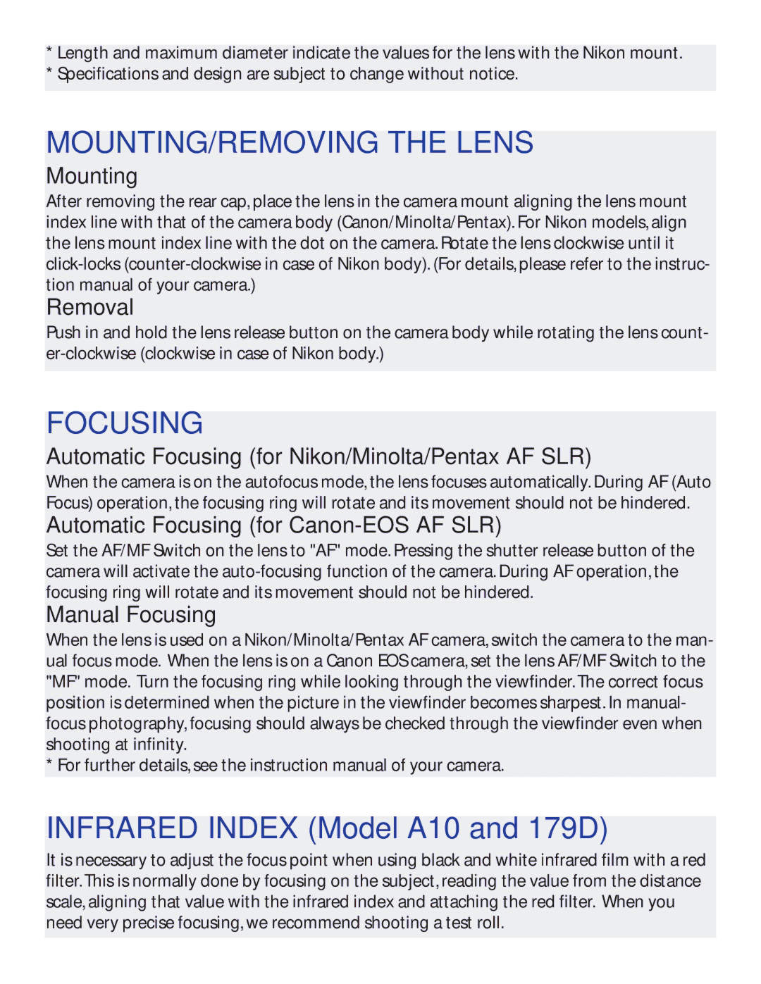 Tamron owner manual MOUNTING/REMOVING the Lens, Focusing, Infrared Index Model A10 and 179D 