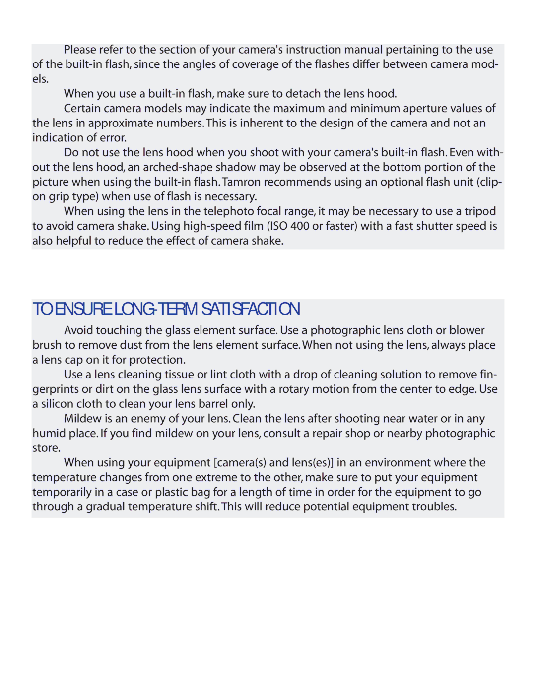 Tamron 179D owner manual To Ensure LONG-TERM Satisfaction 