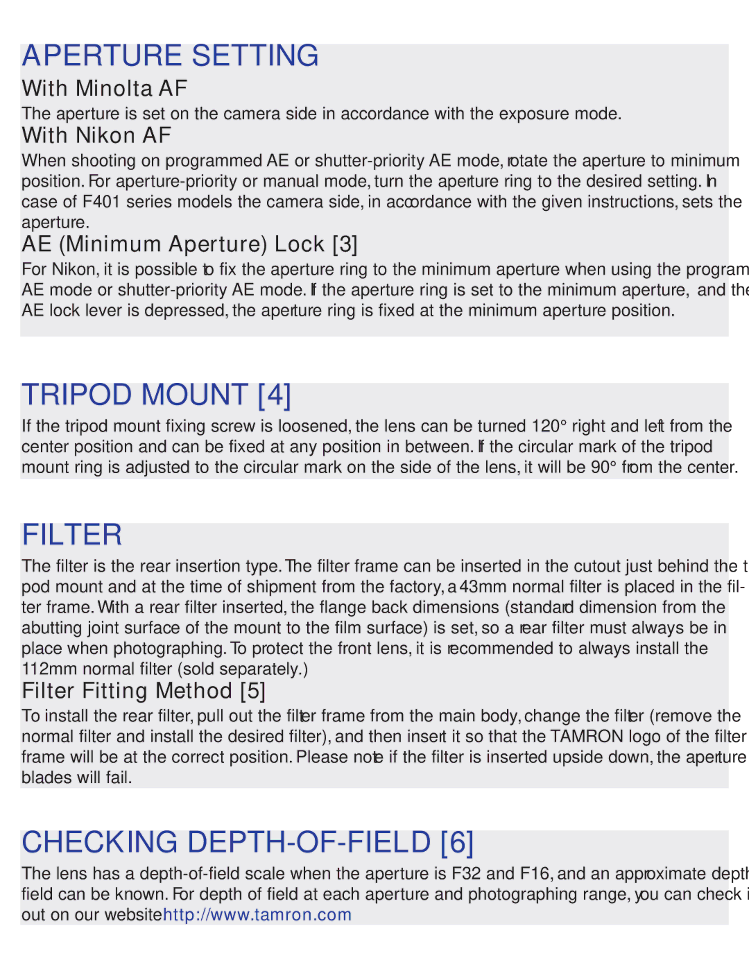 Tamron 360EN, 360EM instruction manual Aperture Setting, Tripod Mount, Filter, Checking DEPTH-OF-FIELD 